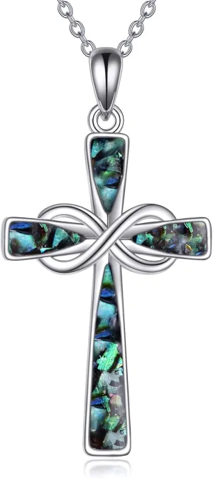 Infinity Cross Necklace S925 Sterling Silver Turquoise/Wooden/Opal/Abalone Cross Pendant Necklaces Christian Jewelry Gifts For Women