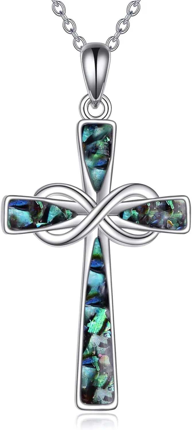 Infinity Cross Necklace S925 Sterling Silver Turquoise/Wooden/Opal/Abalone Cross Pendant Necklaces Christian Jewelry Gifts For Women