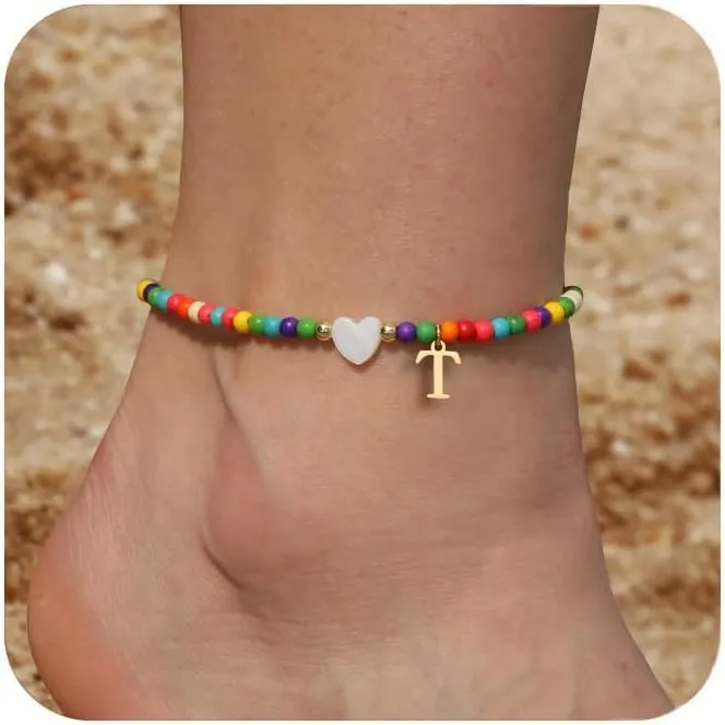 Initial Ankle Bracelets for Women - Cute Heart Charm Anklets, 14K Gold Plated Letter Colorful Beads Anklet | Summer Beach Trendy Jewelry | 2025 Personalized Birthday Graduation Gifts for Her