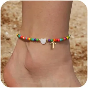 Initial Ankle Bracelets for Women - Cute Heart Charm Anklets, 14K Gold Plated Letter Colorful Beads Anklet | Summer Beach Trendy Jewelry | 2025 Personalized Birthday Graduation Gifts for Her