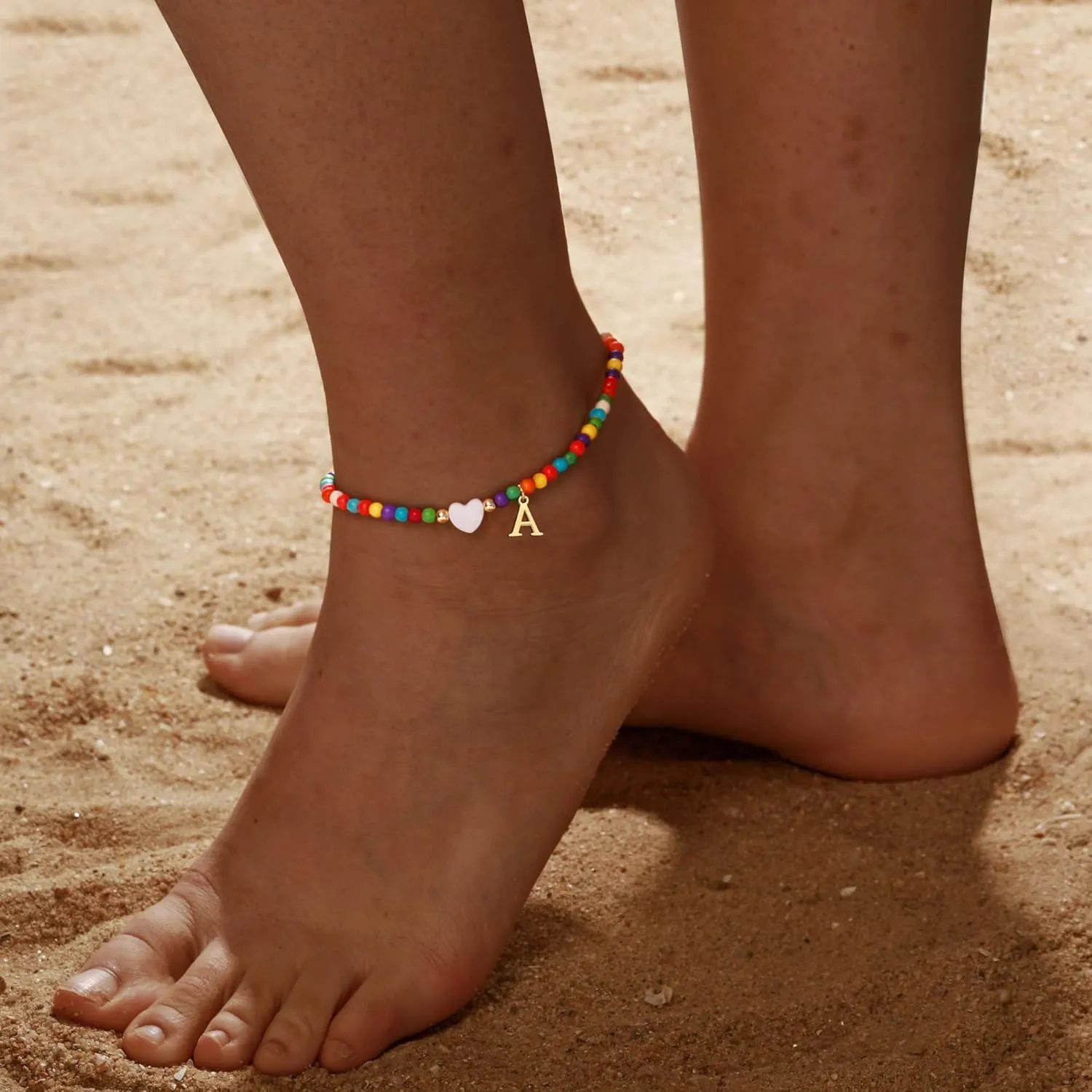 Initial Ankle Bracelets for Women - Cute Heart Charm Anklets, 14K Gold Plated Letter Colorful Beads Anklet | Summer Beach Trendy Jewelry | 2025 Personalized Birthday Graduation Gifts for Her