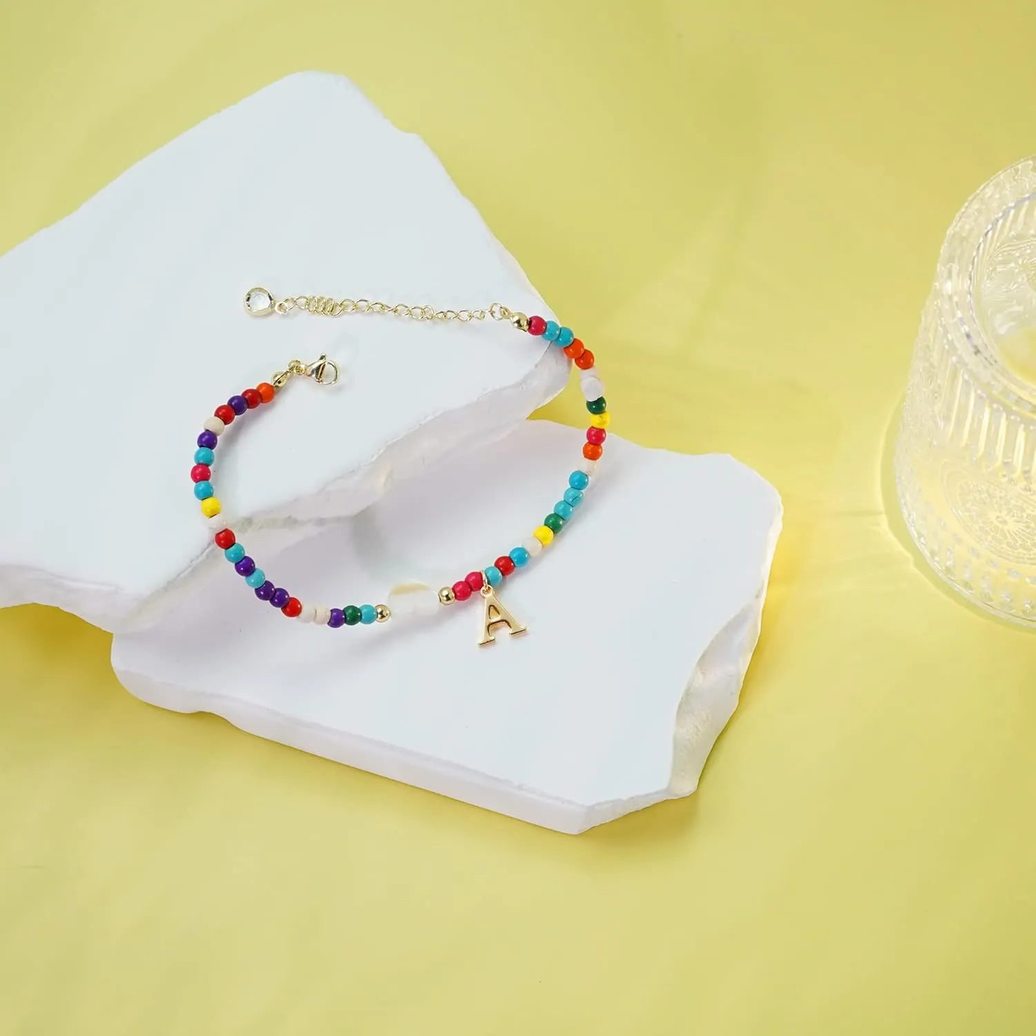 Initial Ankle Bracelets for Women - Cute Heart Charm Anklets, 14K Gold Plated Letter Colorful Beads Anklet | Summer Beach Trendy Jewelry | 2025 Personalized Birthday Graduation Gifts for Her