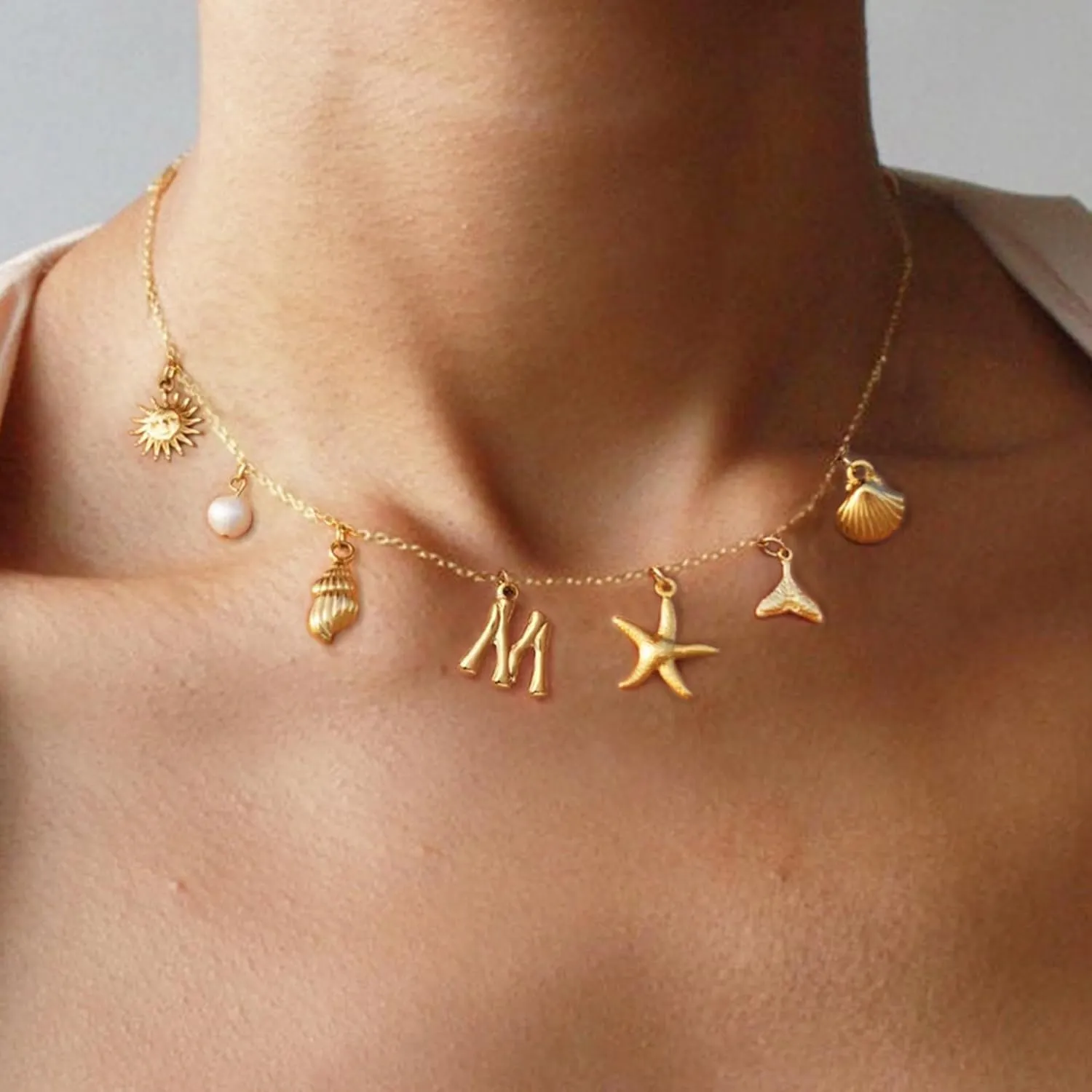 Initial Charm Necklace for Women-18k Gold Plated Seashell Starfish Sun Conch Shell Mermaid Pendant Necklace, Boho Summer Beach Jewelry Gifts for Surfer Vacation Essentials