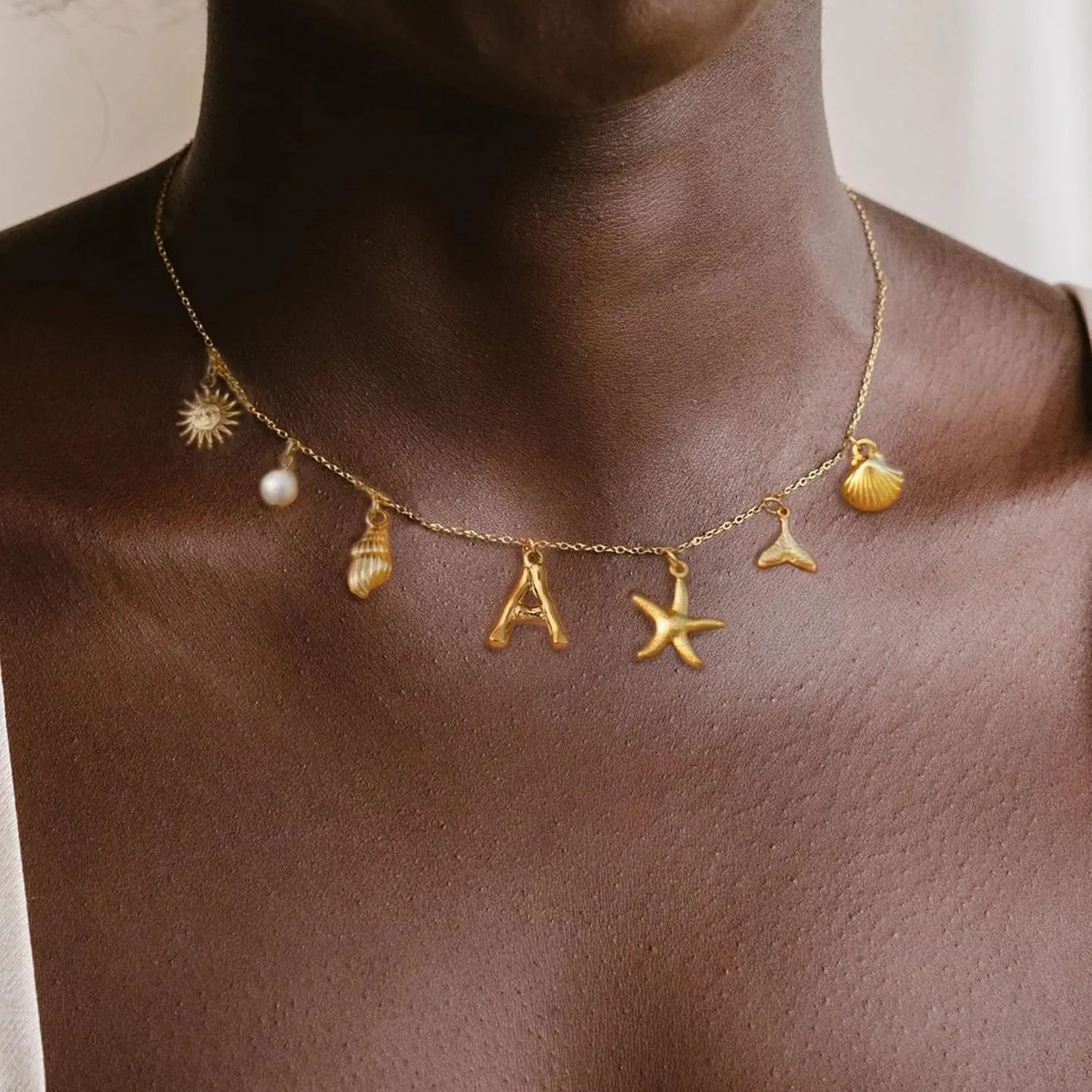 Initial Charm Necklace for Women-18k Gold Plated Seashell Starfish Sun Conch Shell Mermaid Pendant Necklace, Boho Summer Beach Jewelry Gifts for Surfer Vacation Essentials