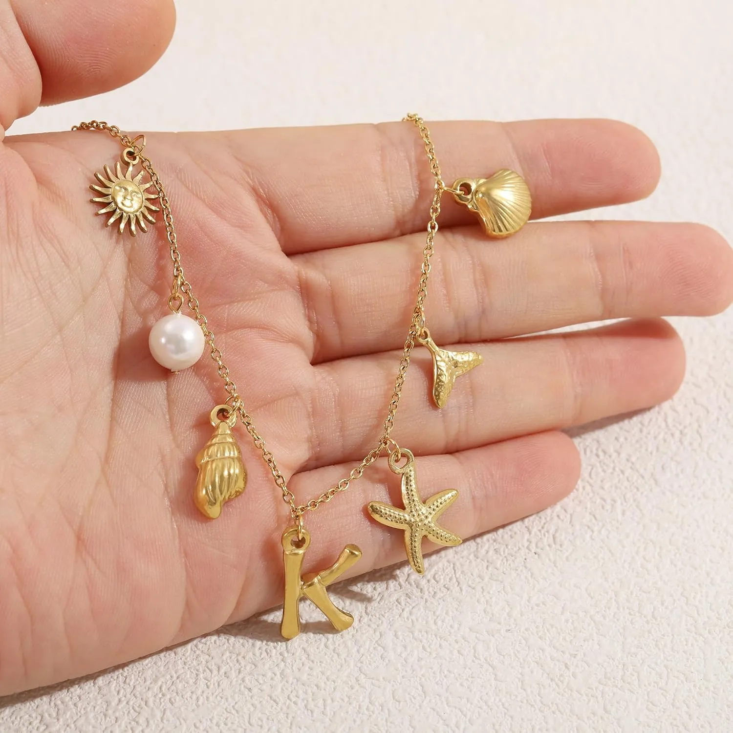 Initial Charm Necklace for Women-18k Gold Plated Seashell Starfish Sun Conch Shell Mermaid Pendant Necklace, Boho Summer Beach Jewelry Gifts for Surfer Vacation Essentials