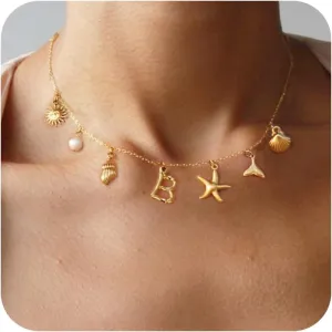 Initial Charm Necklace for Women-18k Gold Plated Seashell Starfish Sun Conch Shell Mermaid Pendant Necklace, Boho Summer Beach Jewelry Gifts for Surfer Vacation Essentials