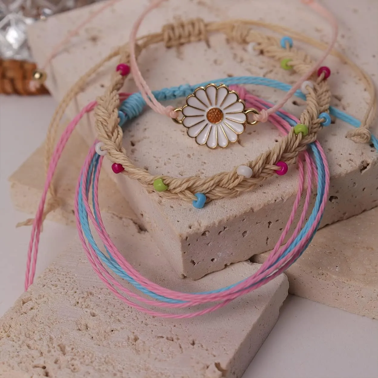 Jean Beau Boho String Anklets Bracelet for Women Teen Surfer Wave Waterproof Rope Dainty Sunflower Cute Beads Handmade Stackable Braided Beach Anklet Friendship Summer Foot Jewelry