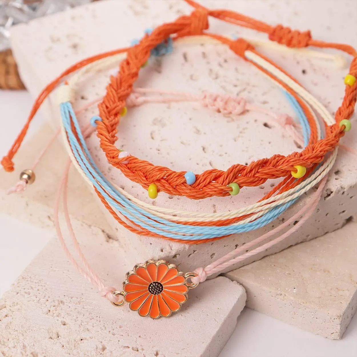 Jean Beau Boho String Anklets Bracelet for Women Teen Surfer Wave Waterproof Rope Dainty Sunflower Cute Beads Handmade Stackable Braided Beach Anklet Friendship Summer Foot Jewelry