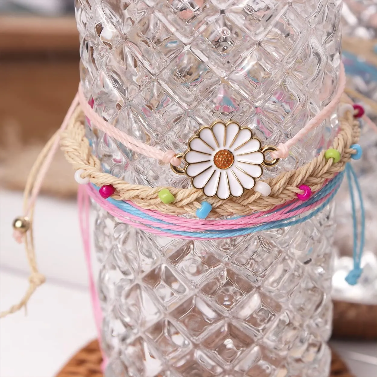 Jean Beau Boho String Anklets Bracelet for Women Teen Surfer Wave Waterproof Rope Dainty Sunflower Cute Beads Handmade Stackable Braided Beach Anklet Friendship Summer Foot Jewelry