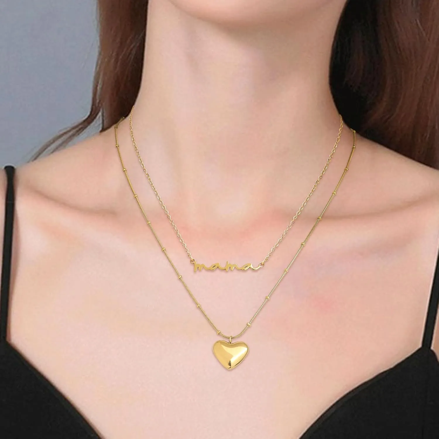 Jean Beau Gold Layered Heart Pendant Necklace for Women, Dainty Cute Love Bead Link Chain Choker Statement Prom Jewelry Gift