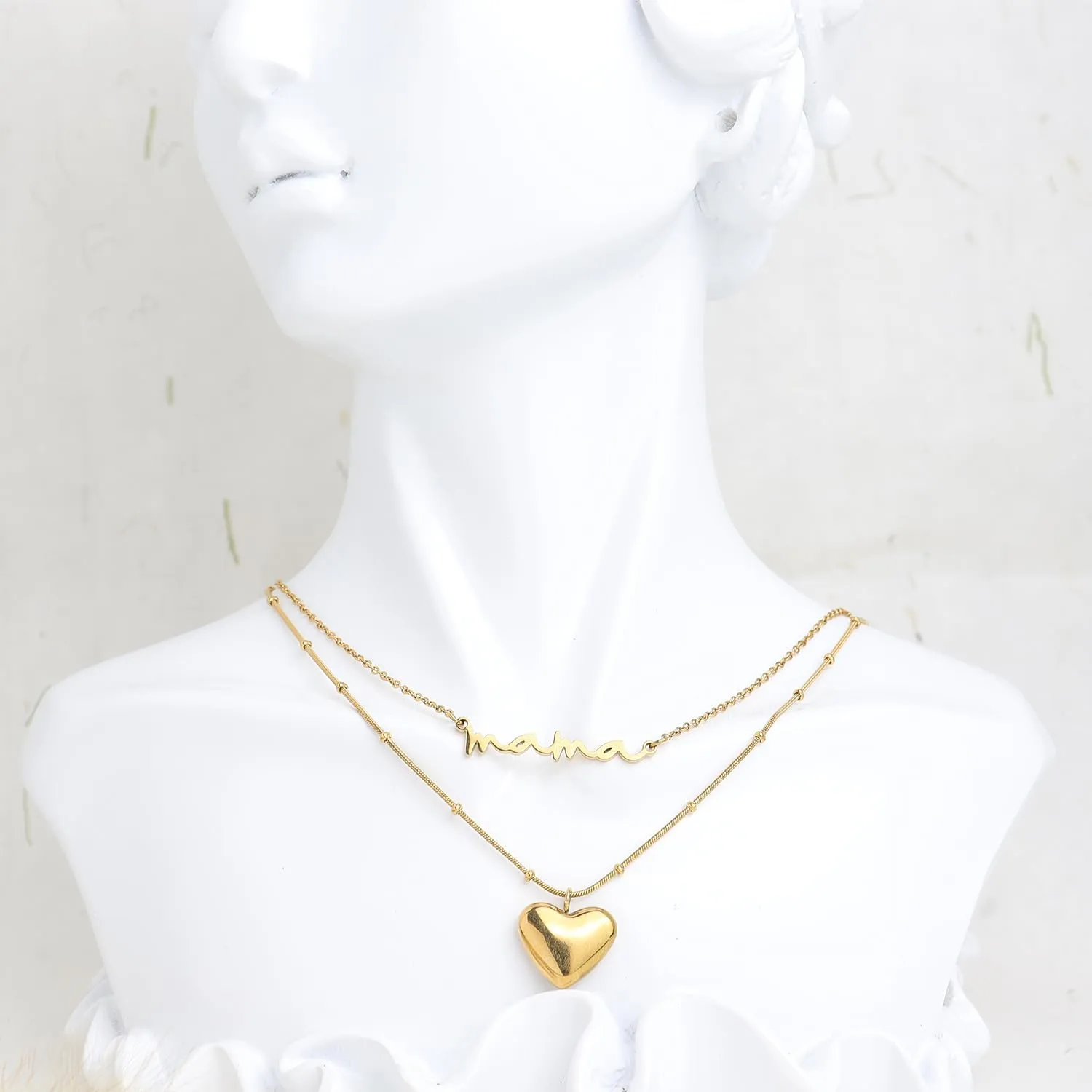 Jean Beau Gold Layered Heart Pendant Necklace for Women, Dainty Cute Love Bead Link Chain Choker Statement Prom Jewelry Gift