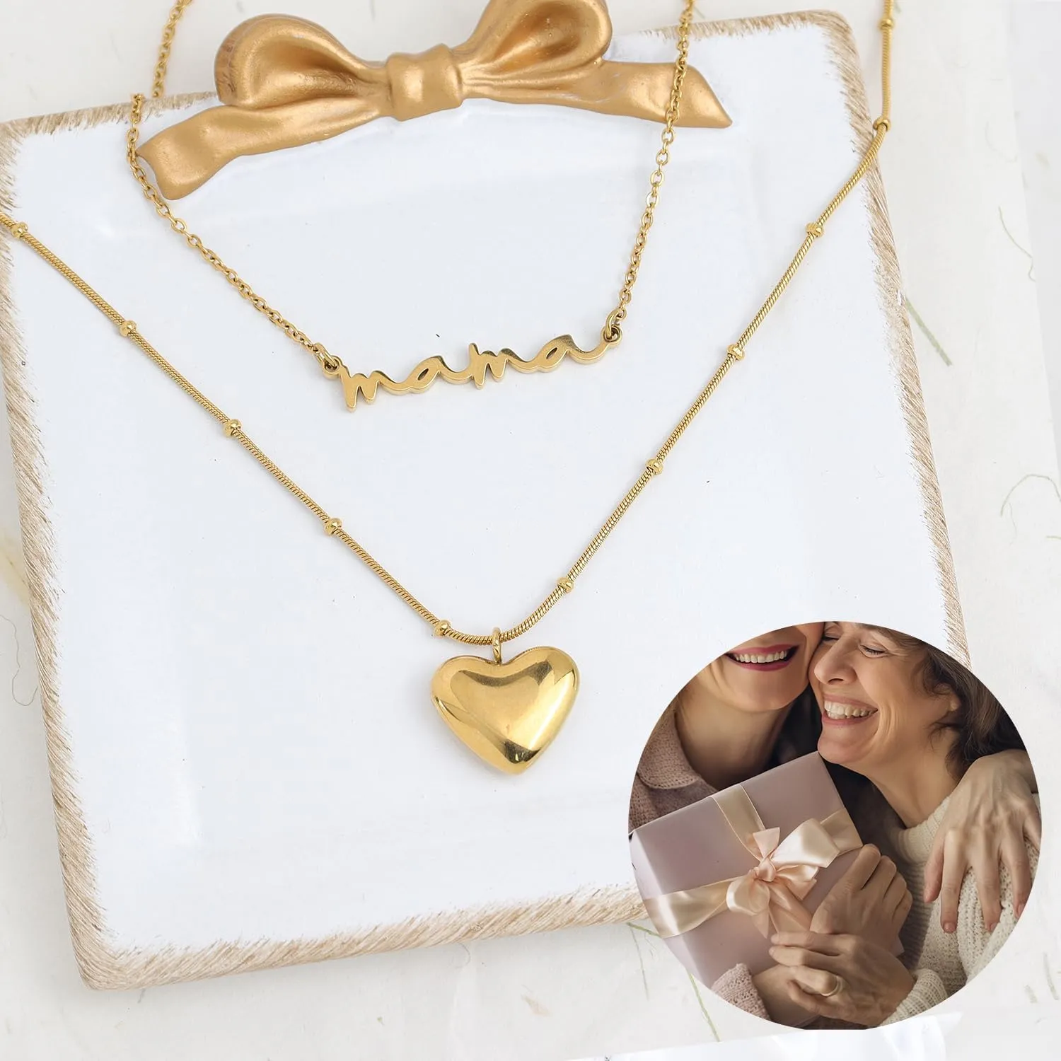 Jean Beau Gold Layered Heart Pendant Necklace for Women, Dainty Cute Love Bead Link Chain Choker Statement Prom Jewelry Gift