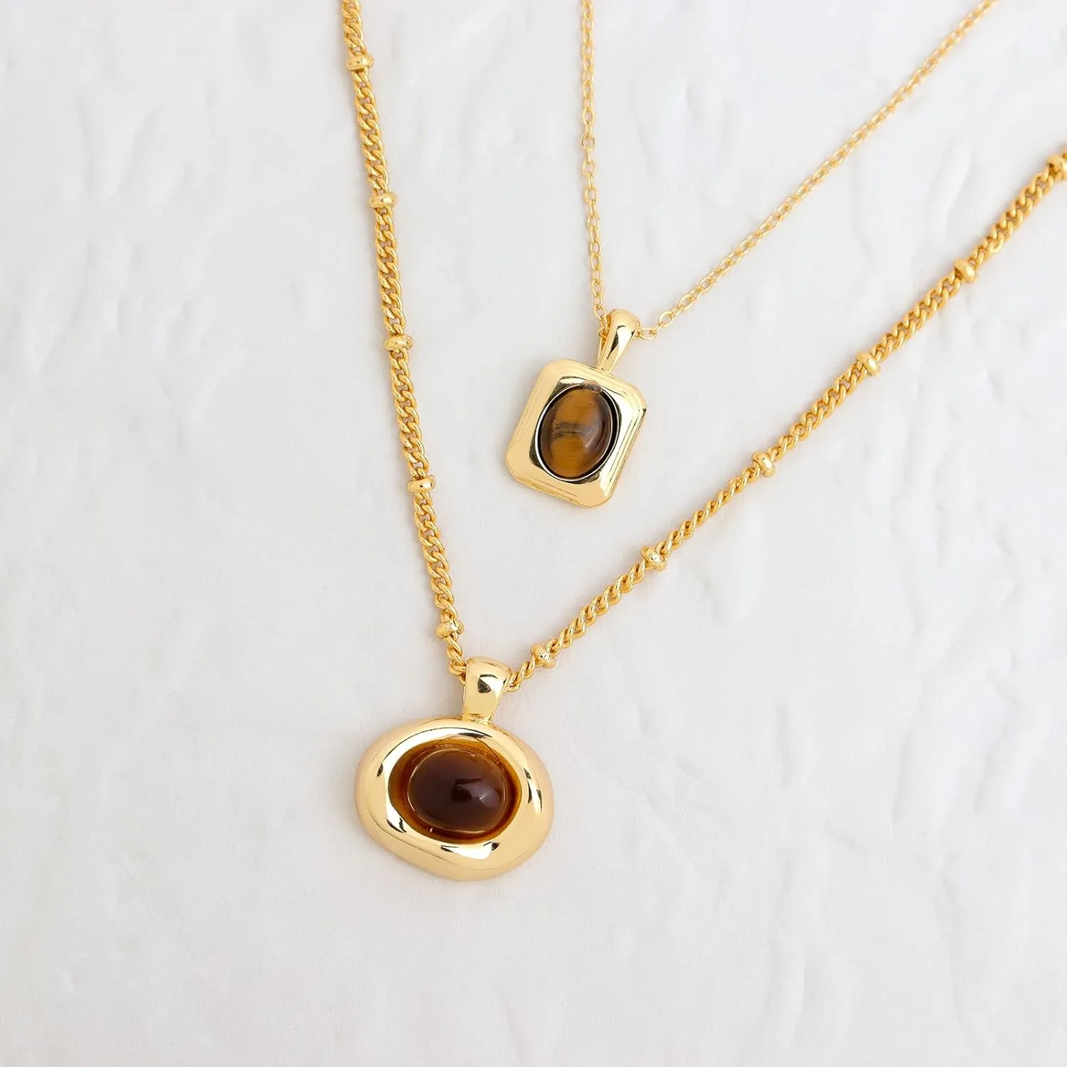 Jean Beau Gold Turquoise/Tigers Eye Stone Pendant Necklaces for Women, Chunky Gemstone Dangle Necklace Wedding Prom Fashion Jewelry Gifts