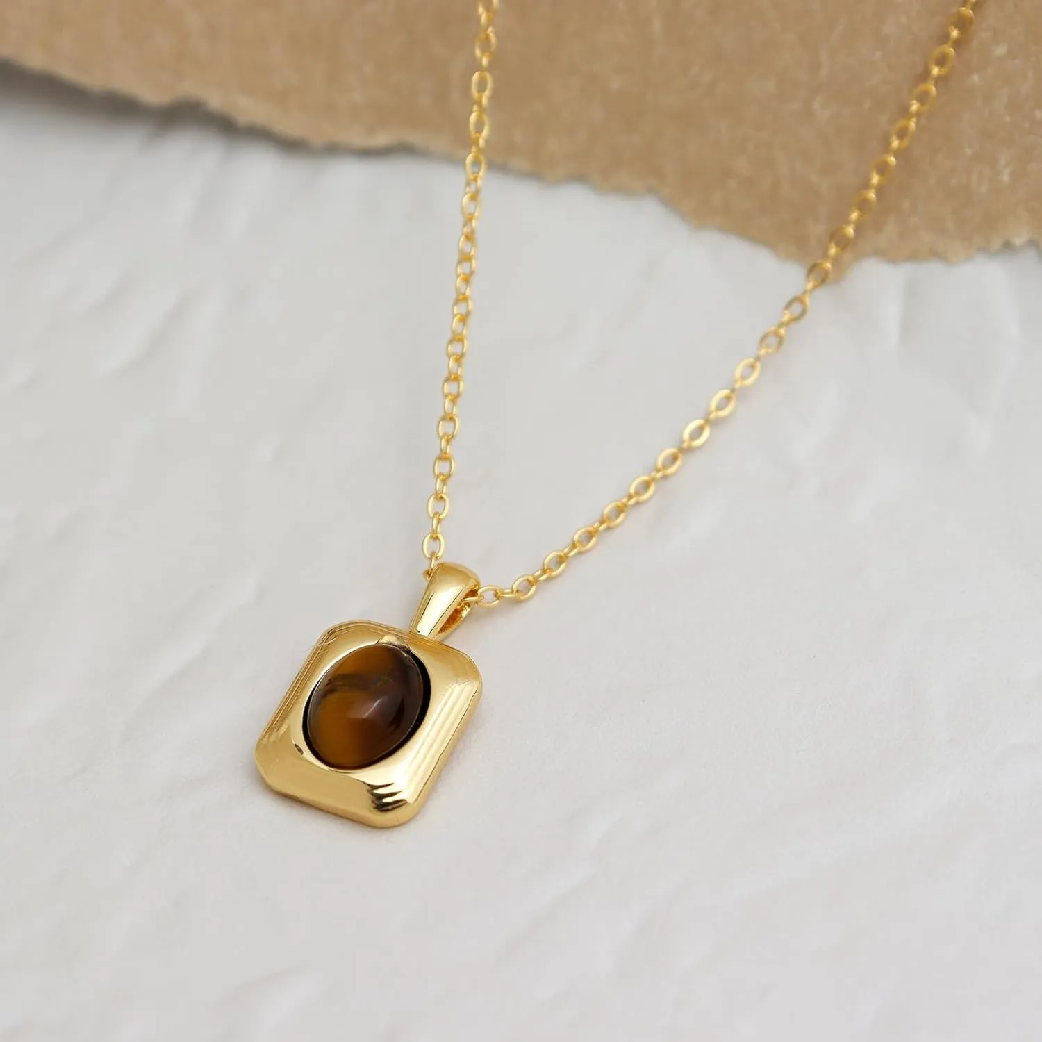 Jean Beau Gold Turquoise/Tigers Eye Stone Pendant Necklaces for Women, Chunky Gemstone Dangle Necklace Wedding Prom Fashion Jewelry Gifts