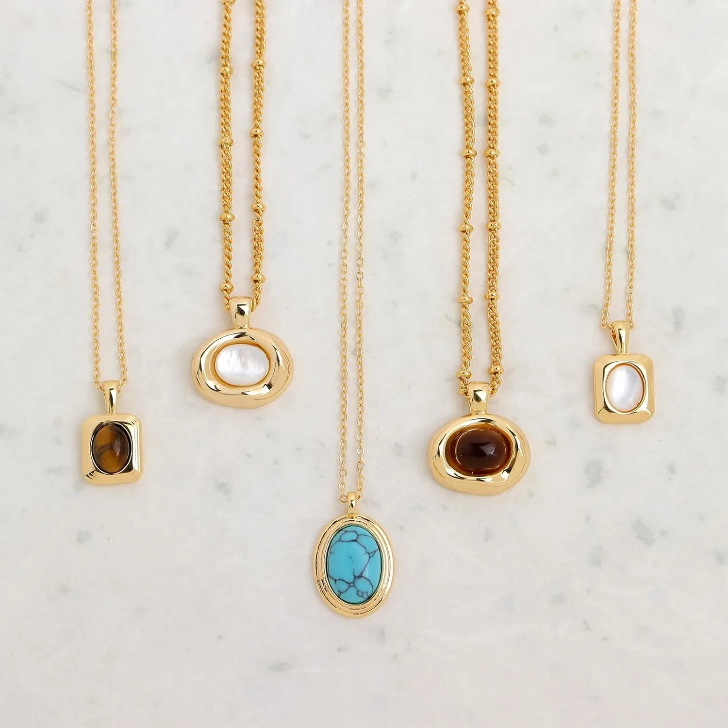 Jean Beau Gold Turquoise/Tigers Eye Stone Pendant Necklaces for Women, Chunky Gemstone Dangle Necklace Wedding Prom Fashion Jewelry Gifts