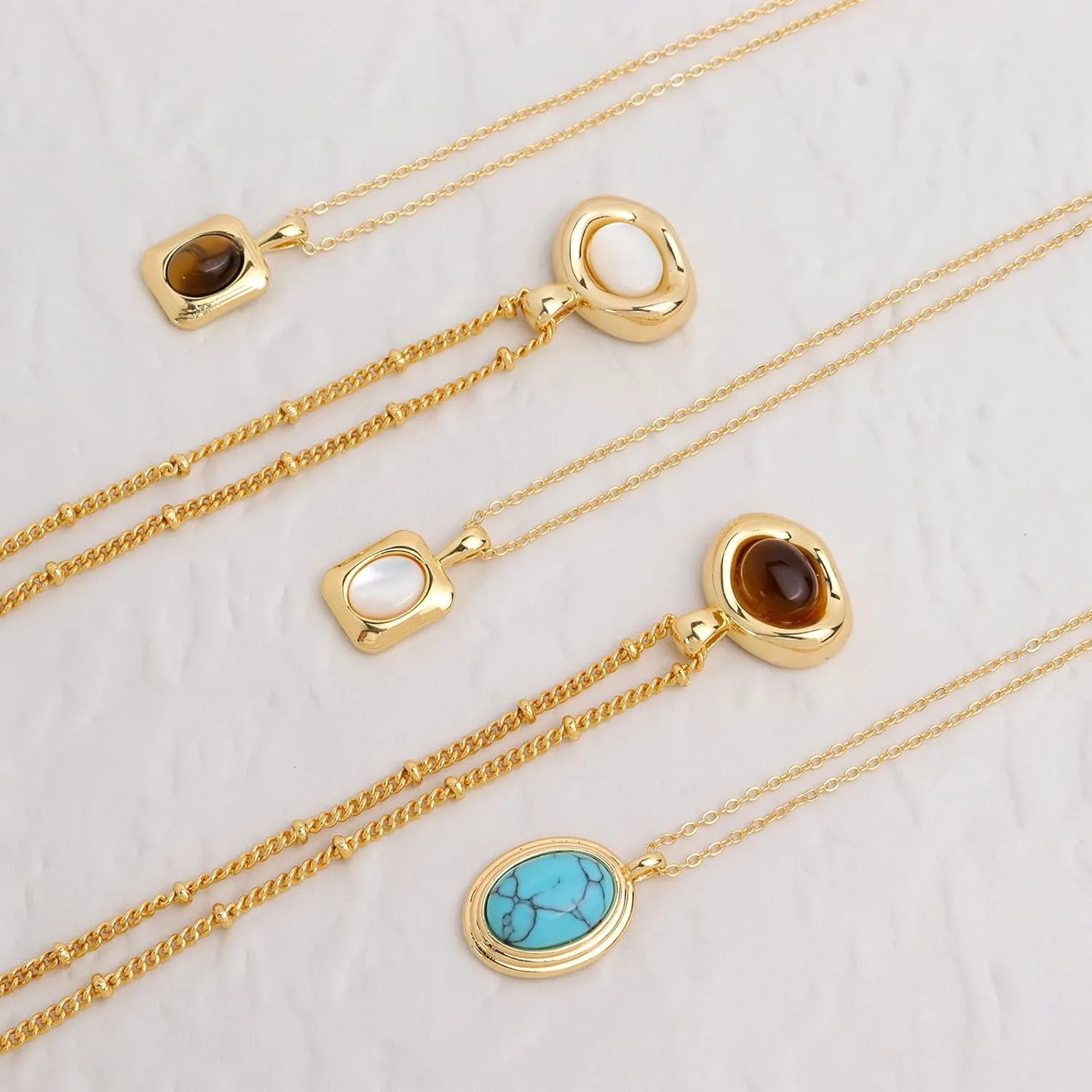 Jean Beau Gold Turquoise/Tigers Eye Stone Pendant Necklaces for Women, Chunky Gemstone Dangle Necklace Wedding Prom Fashion Jewelry Gifts