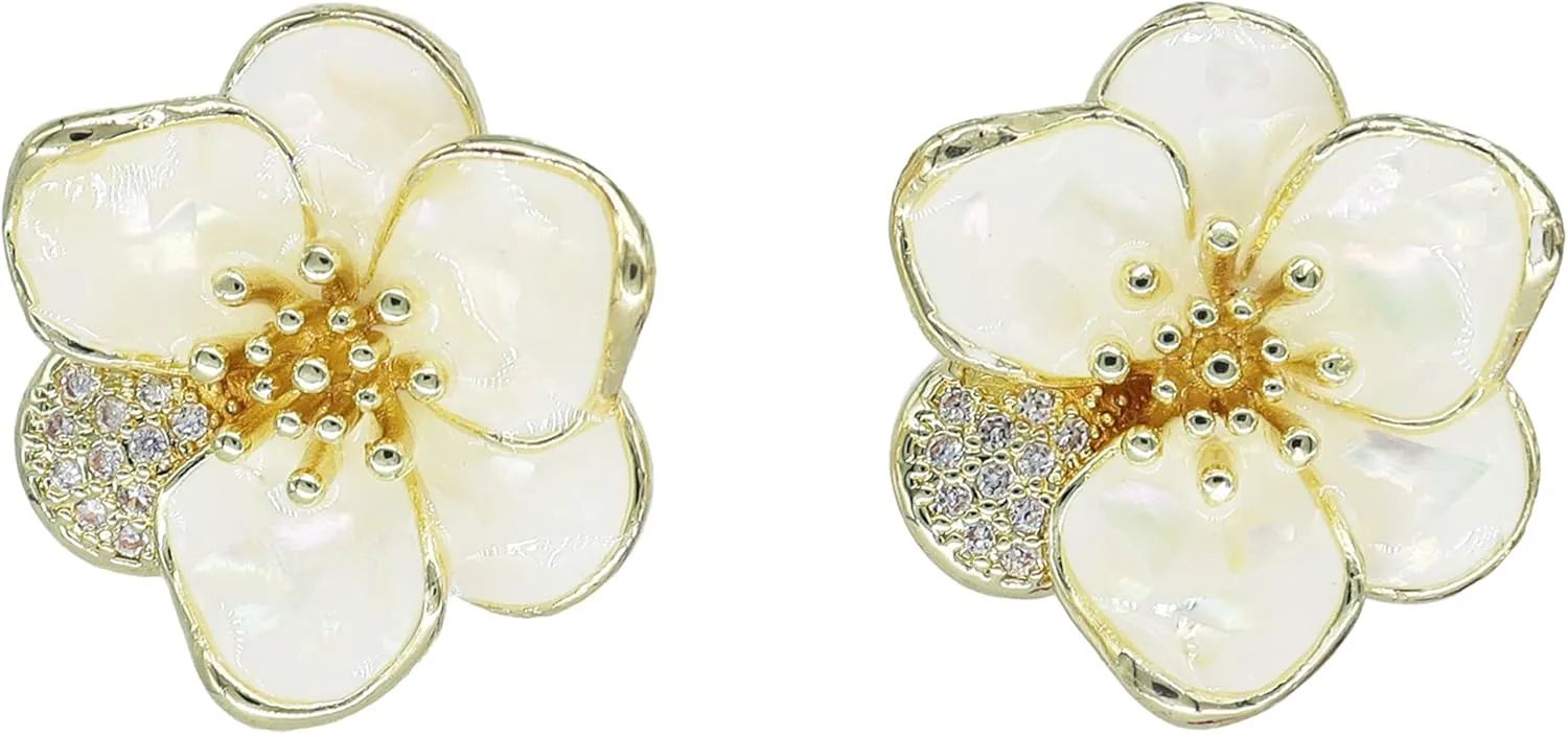 JeanBeau Pearl Flower Leaf Stud Earrings for Women Statement Cluster CZ Pearls Earing Gold Plated Sterling Silver Wedding Prom Birthday Fashion Jewelry Gift
