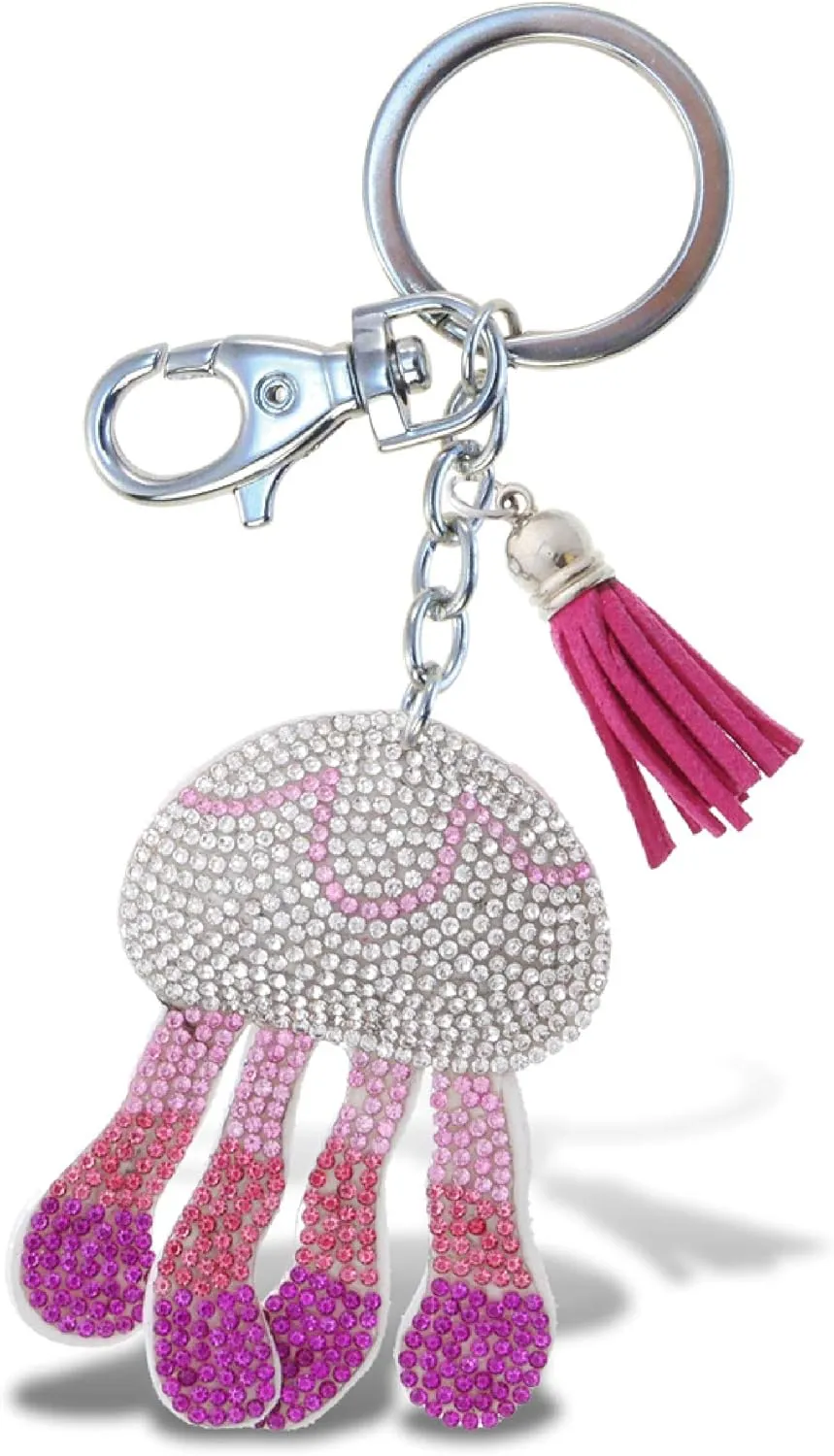 Jellyfish Keychain - Pink Sparkling Rhinestones Charm with Tassel, Fashionable Stylish Polyester PU Sea Life Key Ring Bling Jewelry Accessory with Clasp