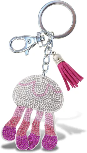 Jellyfish Keychain - Pink Sparkling Rhinestones Charm with Tassel, Fashionable Stylish Polyester PU Sea Life Key Ring Bling Jewelry Accessory with Clasp