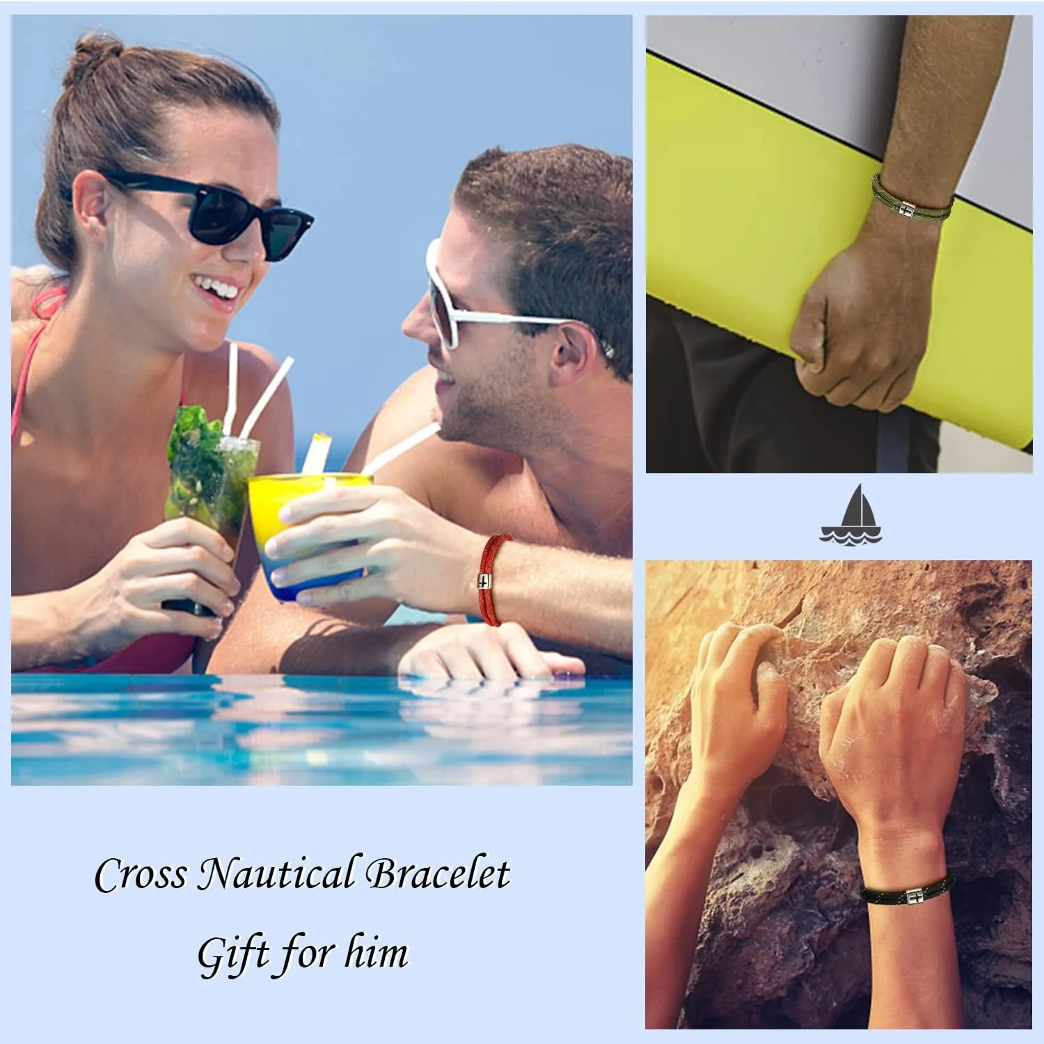 J.Endar Nautical Bracelet Men Women Cross Jesus Fish, Handmade Paracord 925 Silver Christian Religious Spirit Jewelry for Surfer Sea Enthusiasts, Fathers Day Gift