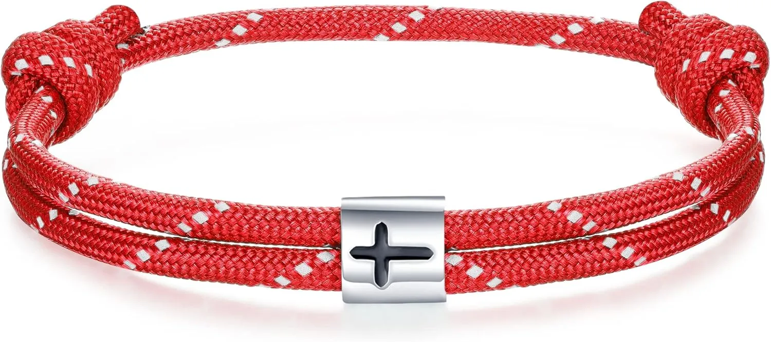 J.Endar Nautical Bracelet Men Women Cross Jesus Fish, Handmade Paracord 925 Silver Christian Religious Spirit Jewelry for Surfer Sea Enthusiasts, Fathers Day Gift