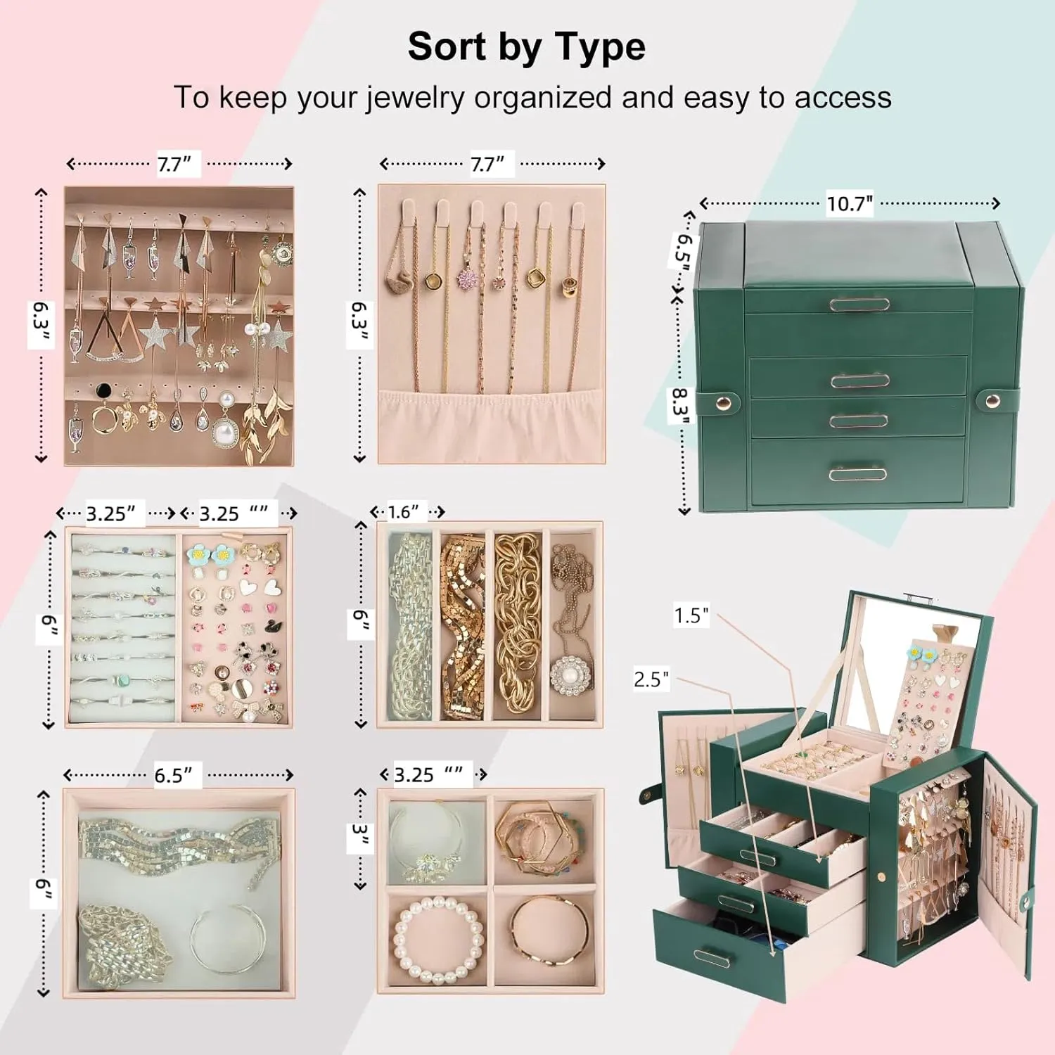 Jewelry Boxes for Women, 4 Layer Jewelry Organizer with 2 Doors for Necklaces Hanging and 2 Closet for Earrings Hanging, Large Jewelry Box with Mirror (Green)