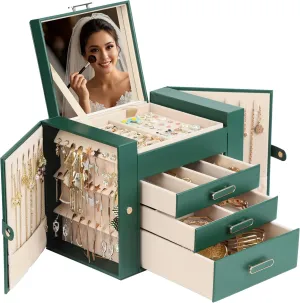 Jewelry Boxes for Women, 4 Layer Jewelry Organizer with 2 Doors for Necklaces Hanging and 2 Closet for Earrings Hanging, Large Jewelry Box with Mirror (Green)