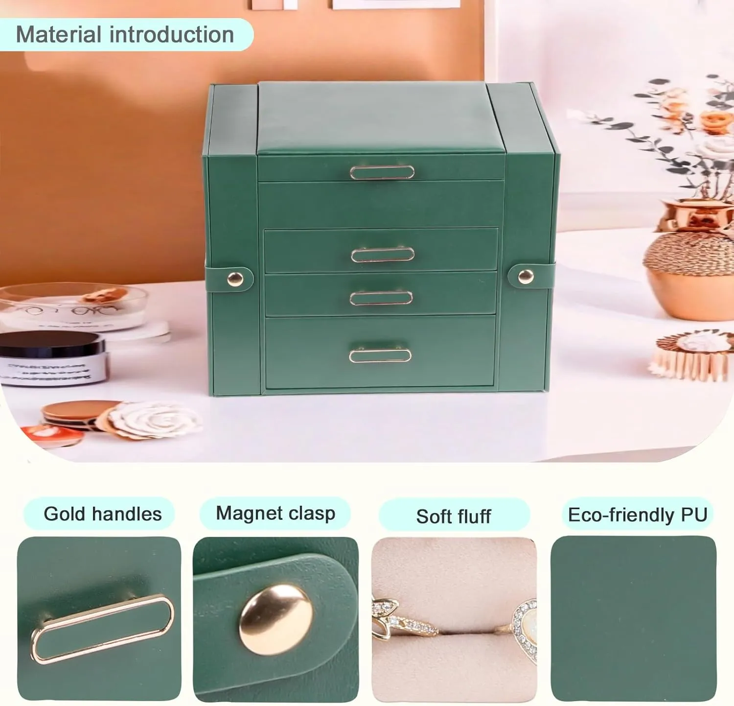 Jewelry Boxes for Women, 4 Layer Jewelry Organizer with 2 Doors for Necklaces Hanging and 2 Closet for Earrings Hanging, Large Jewelry Box with Mirror (Green)