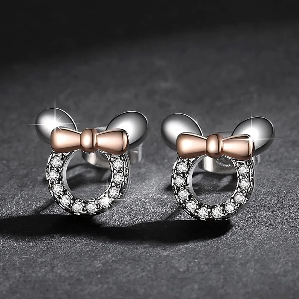 Jewelry Set for Women Girl,S925 Silver Plated Mouse Earring Necklace Kits,Cute Ear Stud and Pendant with Shinying CZ for Women's Day Gift,Hypo-allergenic