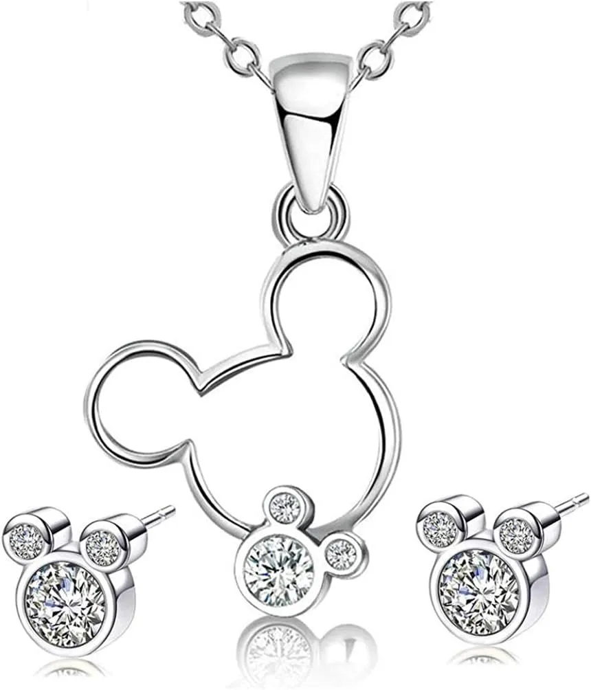 Jewelry Set for Women Girl,S925 Silver Plated Mouse Earring Necklace Kits,Cute Ear Stud and Pendant with Shinying CZ for Women's Day Gift,Hypo-allergenic