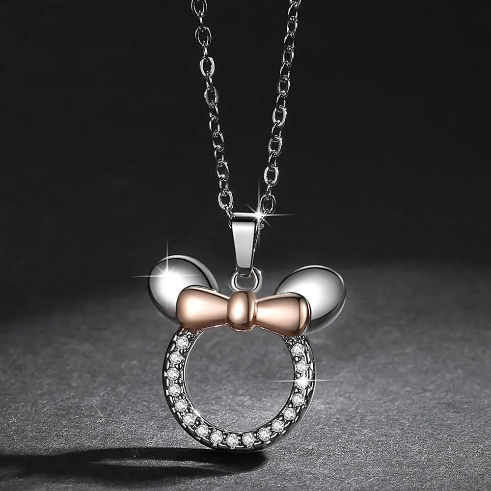 Jewelry Set for Women Girl,S925 Silver Plated Mouse Earring Necklace Kits,Cute Ear Stud and Pendant with Shinying CZ for Women's Day Gift,Hypo-allergenic