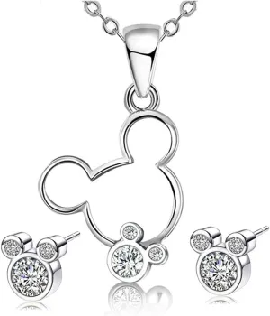 Jewelry Set for Women Girl,S925 Silver Plated Mouse Earring Necklace Kits,Cute Ear Stud and Pendant with Shinying CZ for Women's Day Gift,Hypo-allergenic