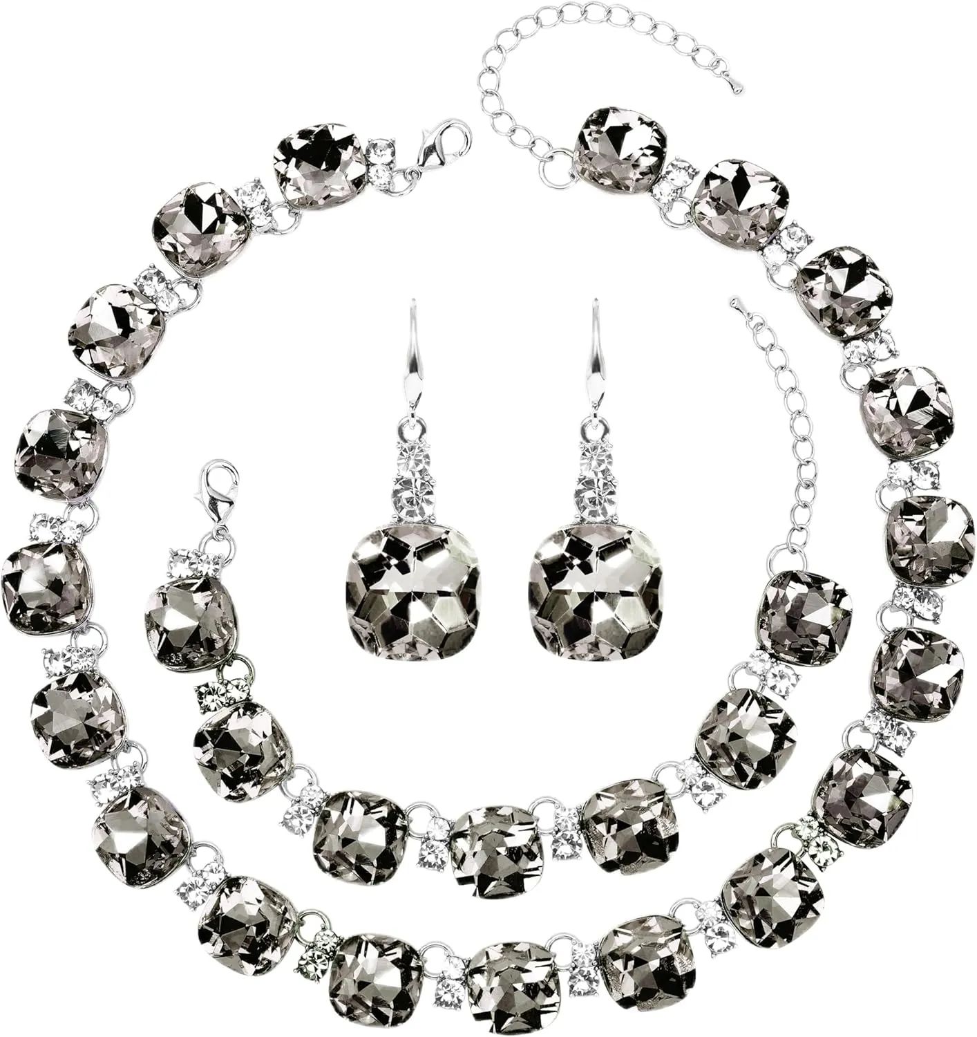 Jewelry Set for Women, Necklace Dangle Earrings Bracelet Set Grey Austrian Crystal Wedding Bridal Jewelry Set Gemstone Statement Necklace and Bracelet Earring Set Formal Prom Jewelry Set Wedding Evening Dress