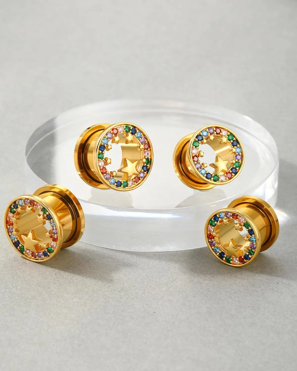 Jewseen Surgical Steel Ear Gauges Plugs Rainbow Cubic Zircon Ear Tunnels Star Gauges for Ears Gold Ear Plugs for Women 2g-5/8