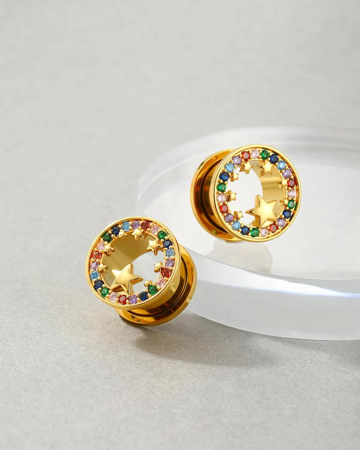 Jewseen Surgical Steel Ear Gauges Plugs Rainbow Cubic Zircon Ear Tunnels Star Gauges for Ears Gold Ear Plugs for Women 2g-5/8