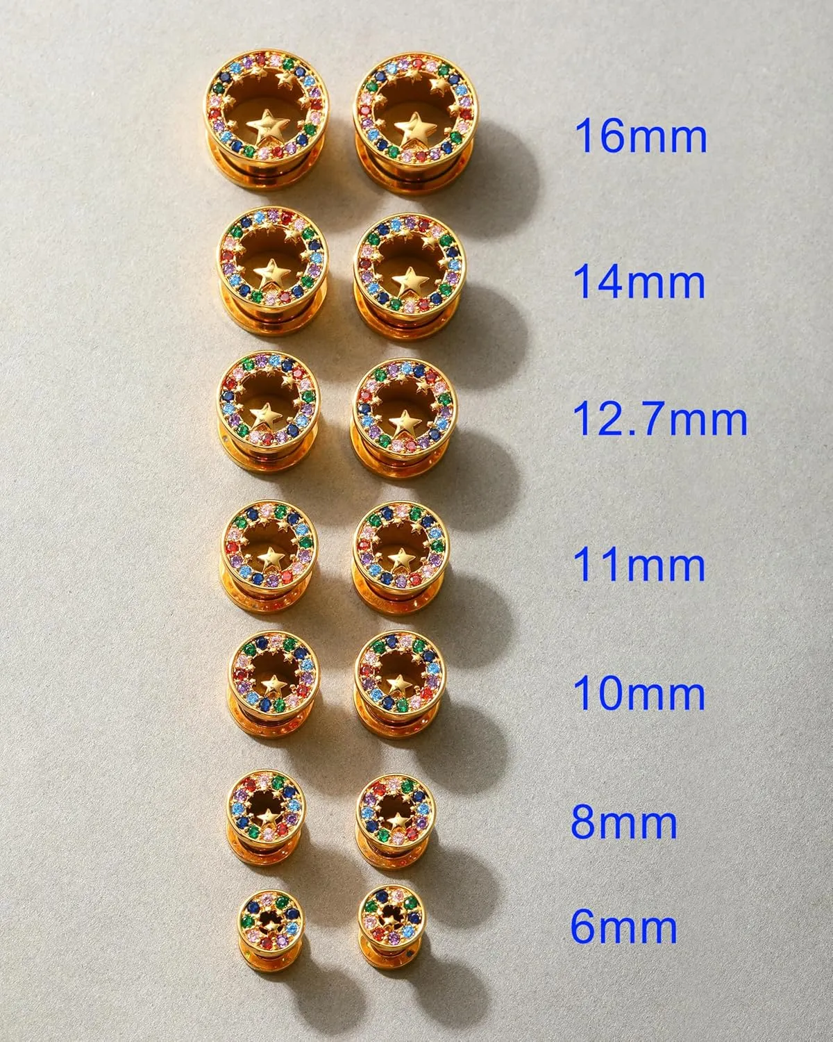 Jewseen Surgical Steel Ear Gauges Plugs Rainbow Cubic Zircon Ear Tunnels Star Gauges for Ears Gold Ear Plugs for Women 2g-5/8