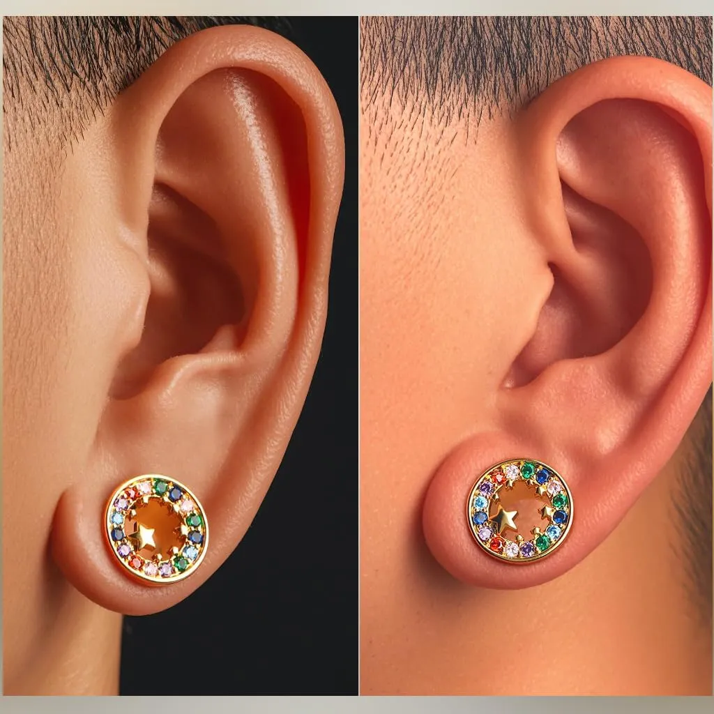 Jewseen Surgical Steel Ear Gauges Plugs Rainbow Cubic Zircon Ear Tunnels Star Gauges for Ears Gold Ear Plugs for Women 2g-5/8