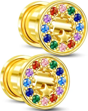 Jewseen Surgical Steel Ear Gauges Plugs Rainbow Cubic Zircon Ear Tunnels Star Gauges for Ears Gold Ear Plugs for Women 2g-5/8