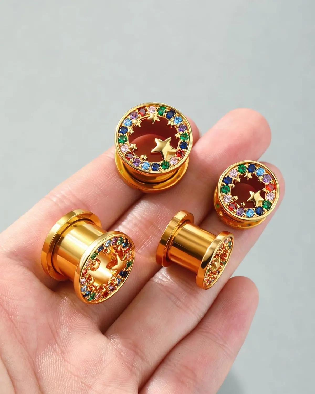 Jewseen Surgical Steel Ear Gauges Plugs Rainbow Cubic Zircon Ear Tunnels Star Gauges for Ears Gold Ear Plugs for Women 2g-5/8