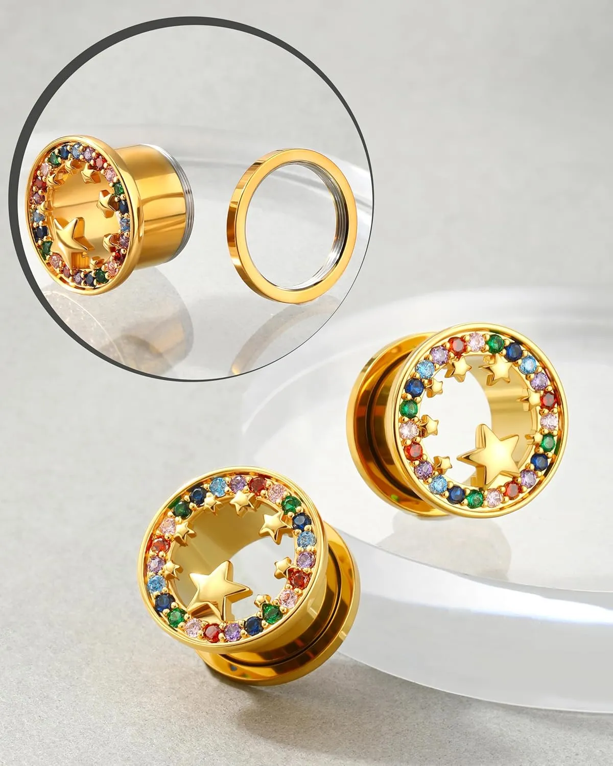 Jewseen Surgical Steel Ear Gauges Plugs Rainbow Cubic Zircon Ear Tunnels Star Gauges for Ears Gold Ear Plugs for Women 2g-5/8