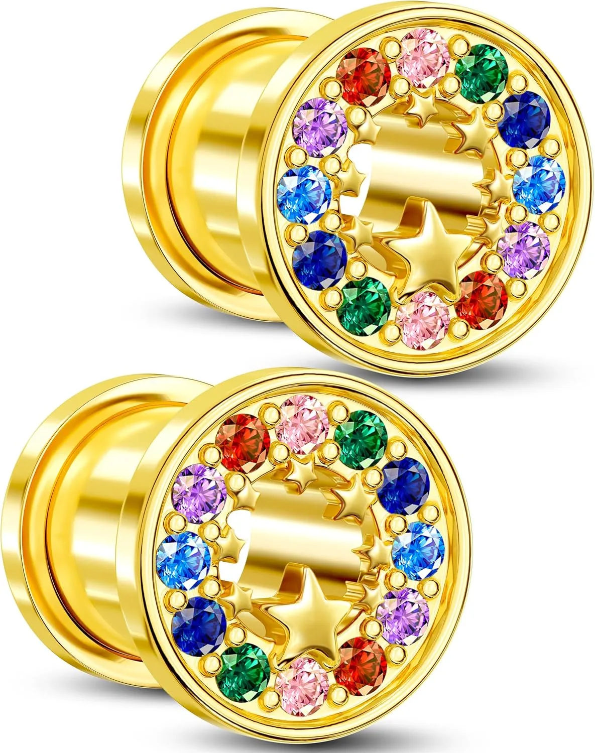 Jewseen Surgical Steel Ear Gauges Plugs Rainbow Cubic Zircon Ear Tunnels Star Gauges for Ears Gold Ear Plugs for Women 2g-5/8