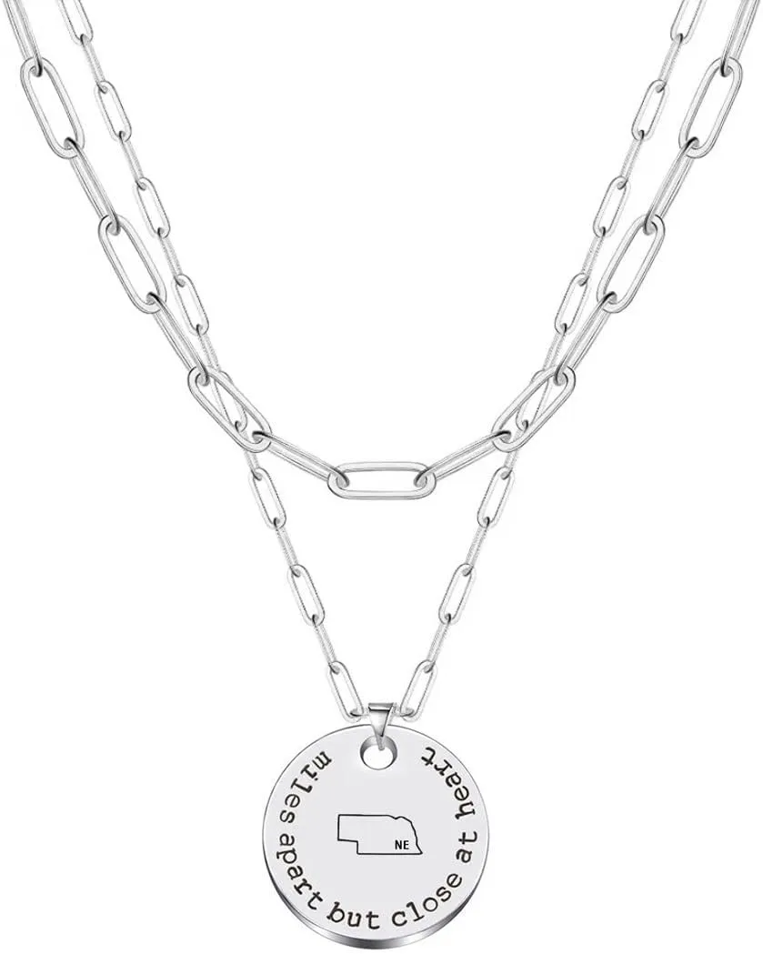 JJTZX Miles Apart but Close at Heart US State Pendant Layered Choker Necklaces State Map Necklace for Long Distance Relationship Gift