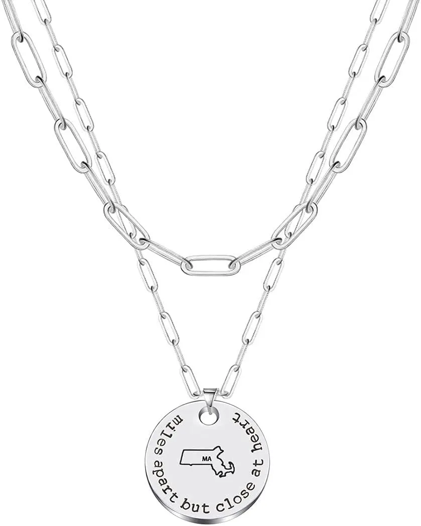 JJTZX Miles Apart but Close at Heart US State Pendant Layered Choker Necklaces State Map Necklace for Long Distance Relationship Gift