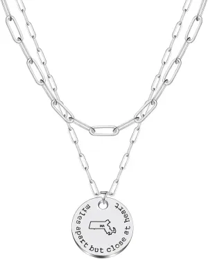 JJTZX Miles Apart but Close at Heart US State Pendant Layered Choker Necklaces State Map Necklace for Long Distance Relationship Gift