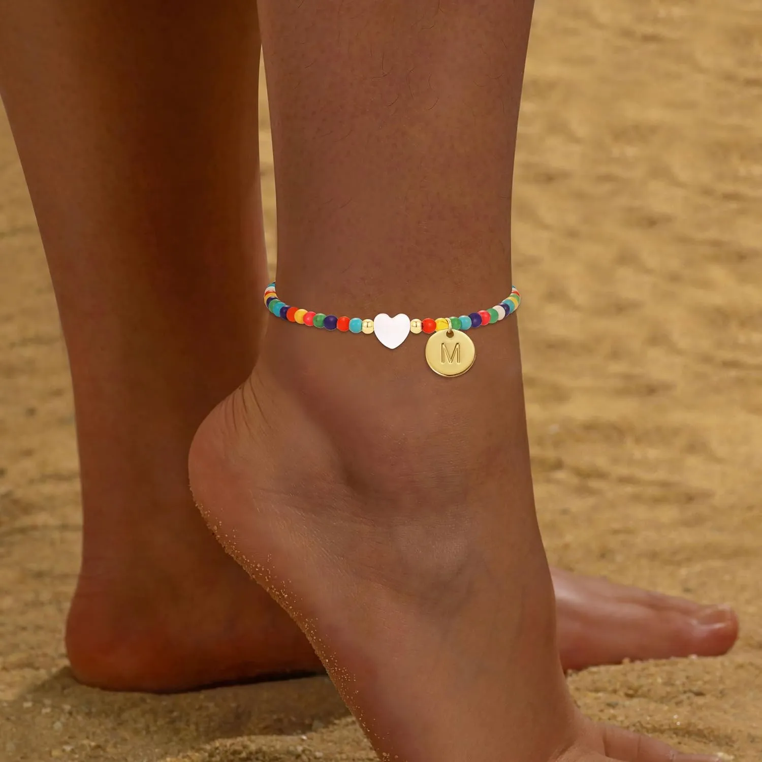 KAERUN Initial Ankle Bracelets for Women Waterproof Handmade Colorful Beaded Anklets for Women Disc 18K Gold Plated Letter Heart Anklet Boho Beach Anklets for Teen Girl Gifts Trendy Vacation Foot Jewelry