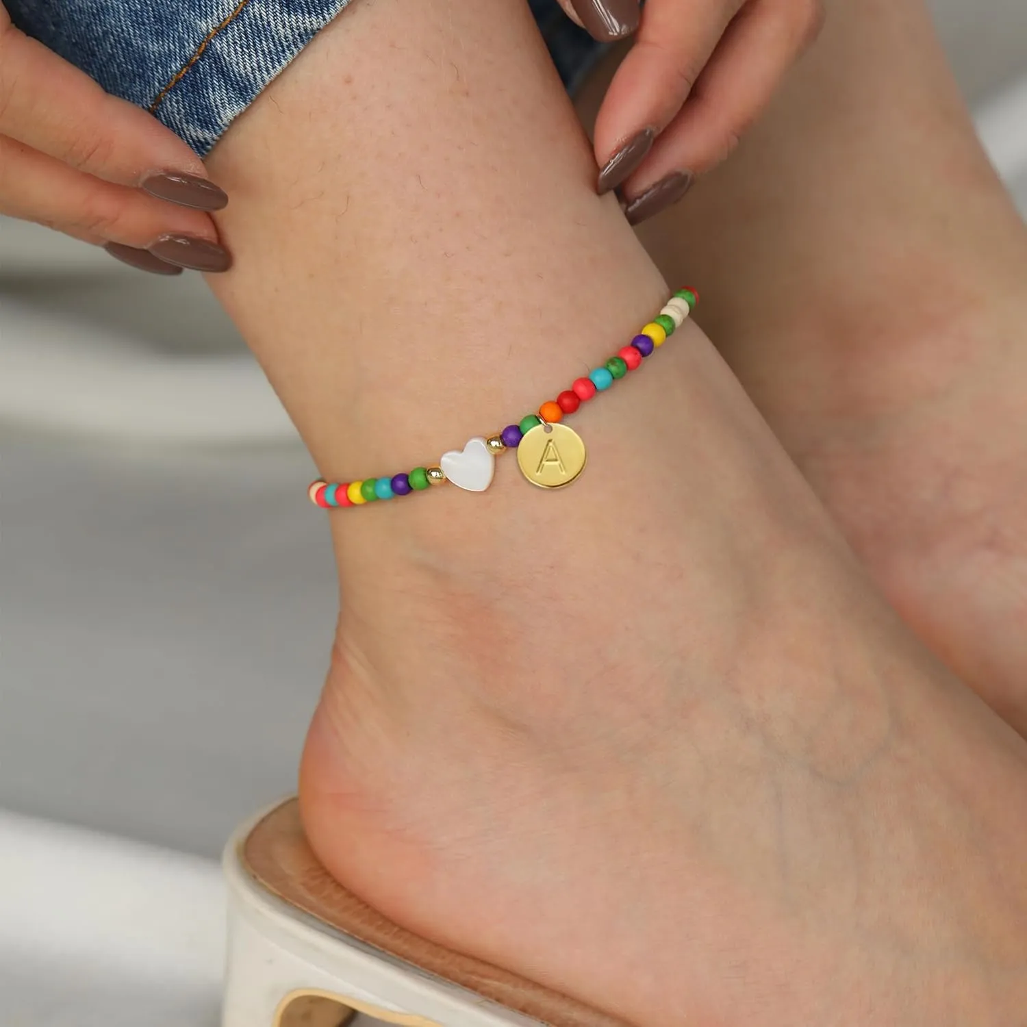KAERUN Initial Ankle Bracelets for Women Waterproof Handmade Colorful Beaded Anklets for Women Disc 18K Gold Plated Letter Heart Anklet Boho Beach Anklets for Teen Girl Gifts Trendy Vacation Foot Jewelry