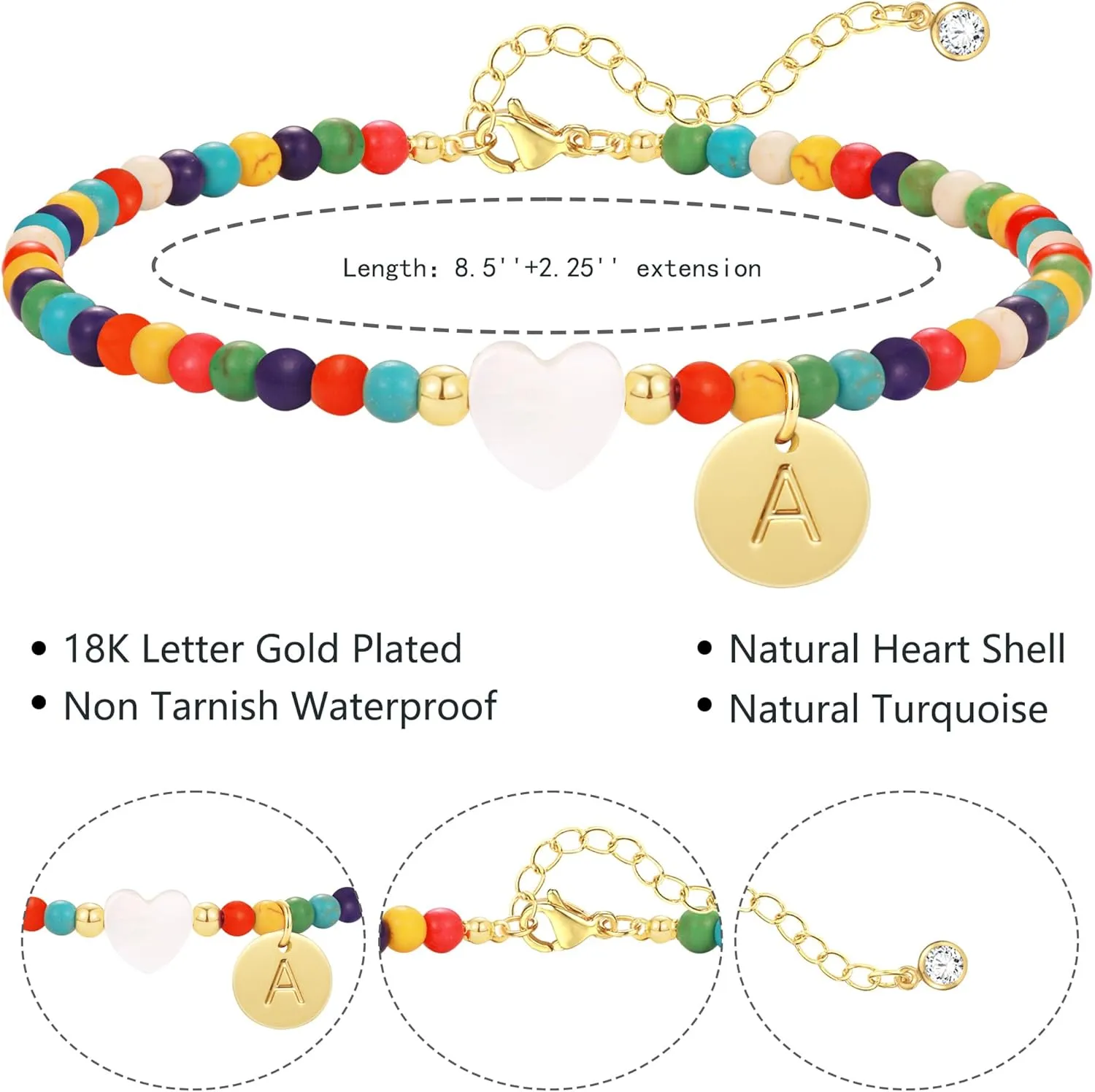KAERUN Initial Ankle Bracelets for Women Waterproof Handmade Colorful Beaded Anklets for Women Disc 18K Gold Plated Letter Heart Anklet Boho Beach Anklets for Teen Girl Gifts Trendy Vacation Foot Jewelry