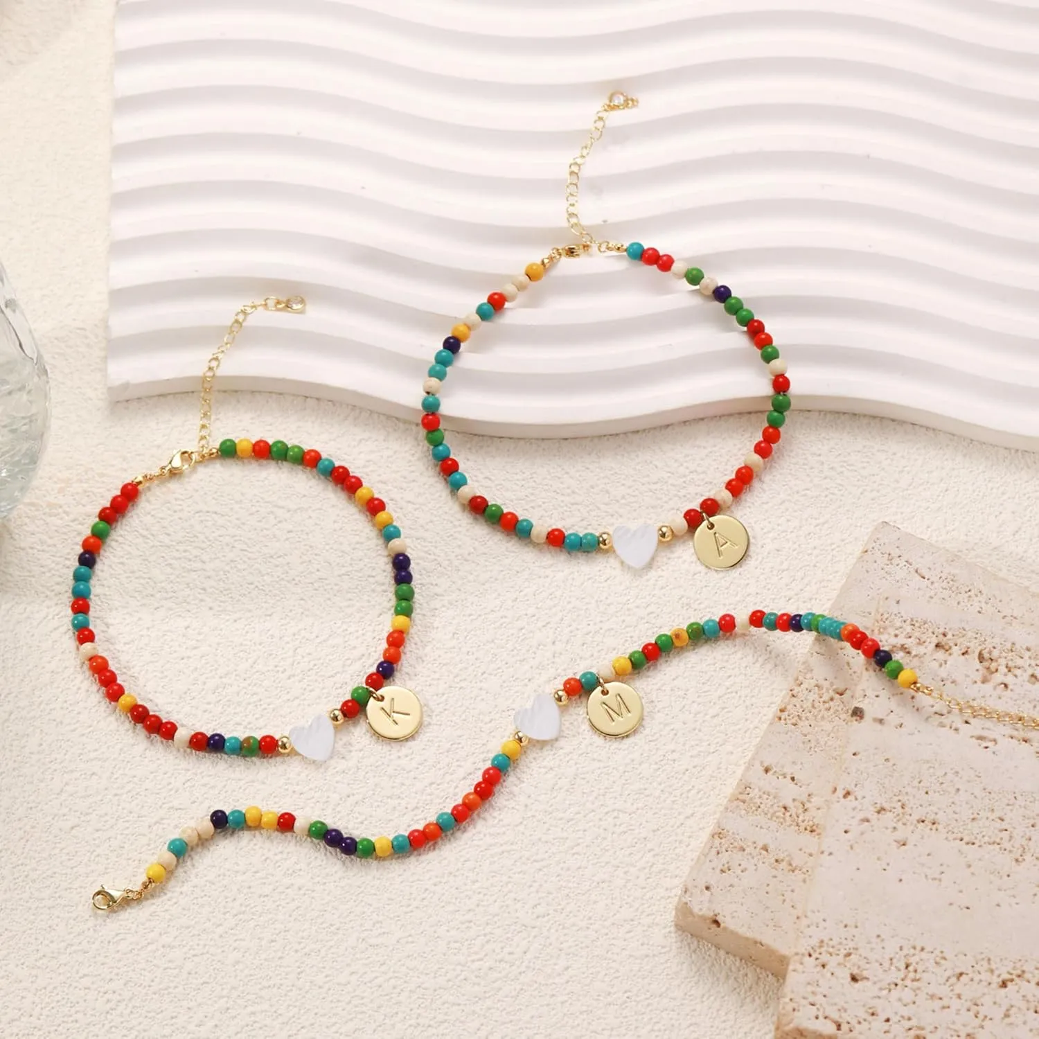KAERUN Initial Ankle Bracelets for Women Waterproof Handmade Colorful Beaded Anklets for Women Disc 18K Gold Plated Letter Heart Anklet Boho Beach Anklets for Teen Girl Gifts Trendy Vacation Foot Jewelry