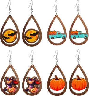 KaFu 4 Pairs Halloween Earrings for Women Cat Pumpkin Witch Spooky Drop Dangle Earrings Thanksgiving Turkey Dangle Earrings Halloween Jewelry Gifts