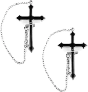 KaFu Personalized Unique Black Tassel Chain Hanging Cross Studs Earrings Hip Hop Punk Cross Chain Cuff Statement Geometric Earrings for Women Men Boy Teens Jewelry Gifts